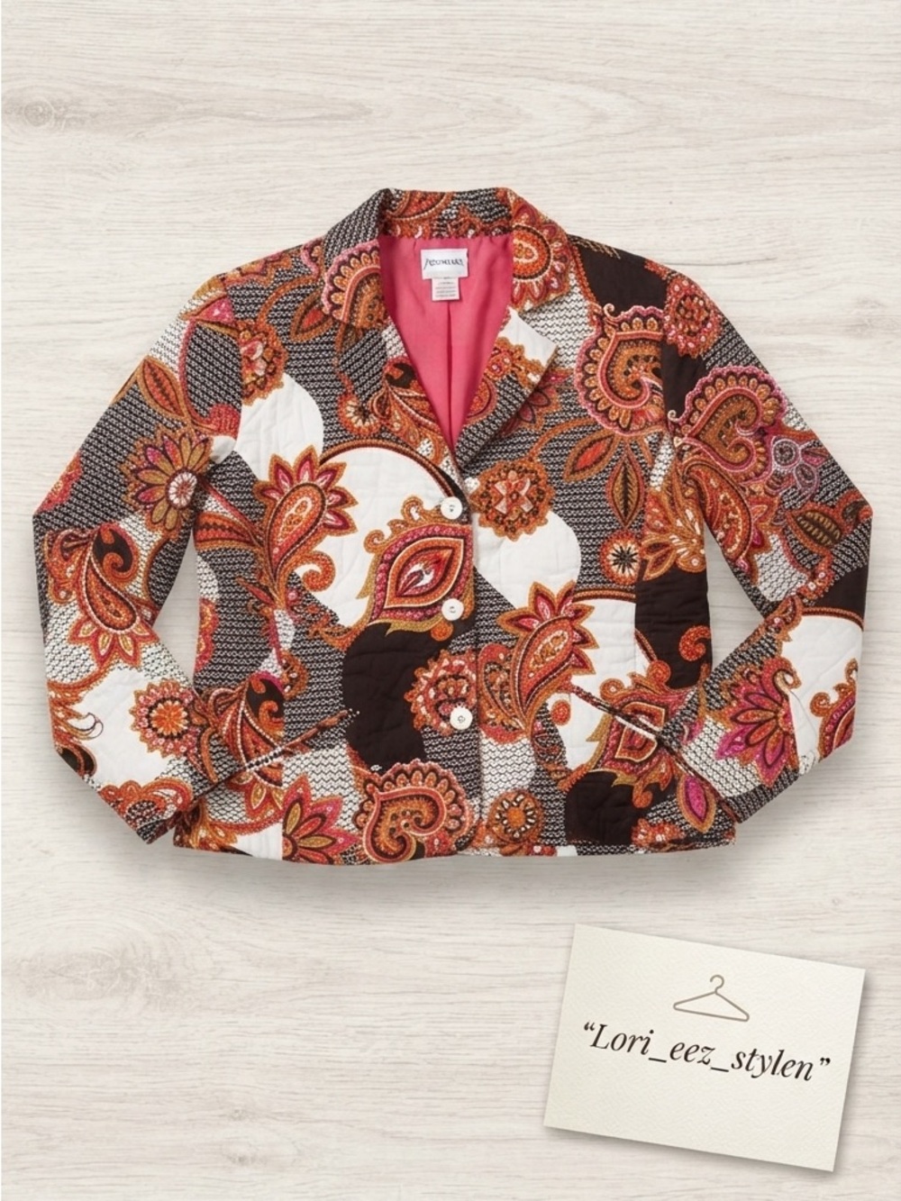 Chico's Quilted Paisley Blazer in Brown, Pink, White & Tan